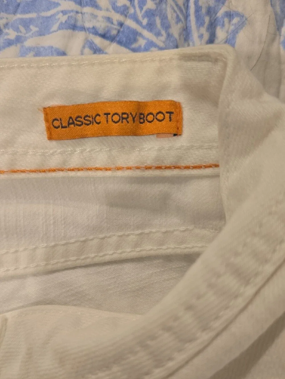 Tory Burch White Boot Cut Jeans with Orange Logo Tag